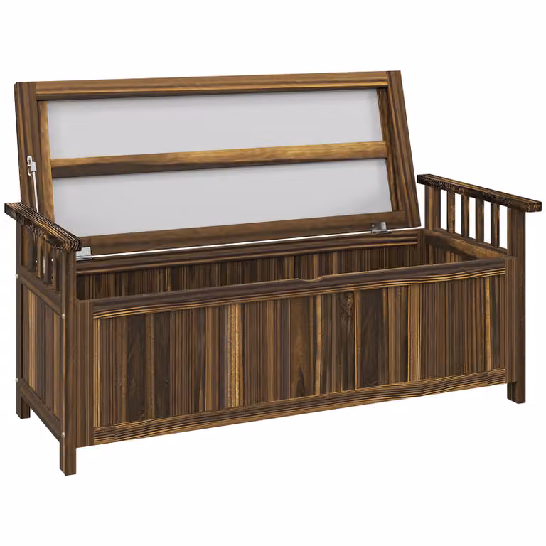 Outsunny 2-Zits Houten Tuinbank met Opbergruimte en Armleuningen, Verkoold, B/D/H: 128,5 x 56 x 53,5 cm