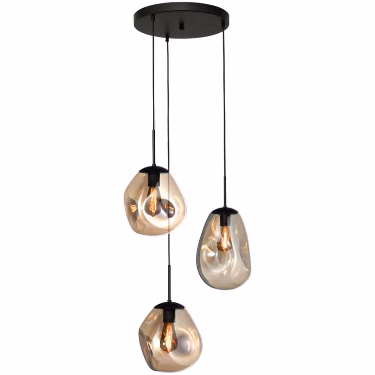 Masterlight Lava Pendel hanglamp 3 lichten goud/messing zwart glas Ø 35 cm