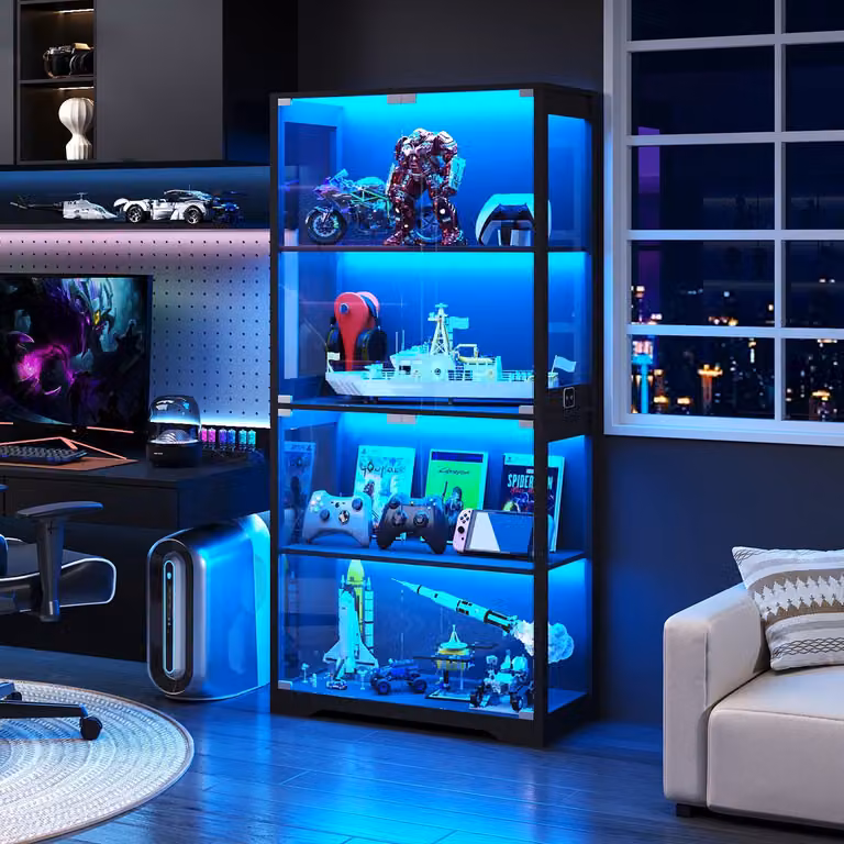 BROTTAR Home Glazen vitrine met LED en sensorsysteem, 4 niveaus, Zwart, B/D/H: 80 x 35 x 165 cm