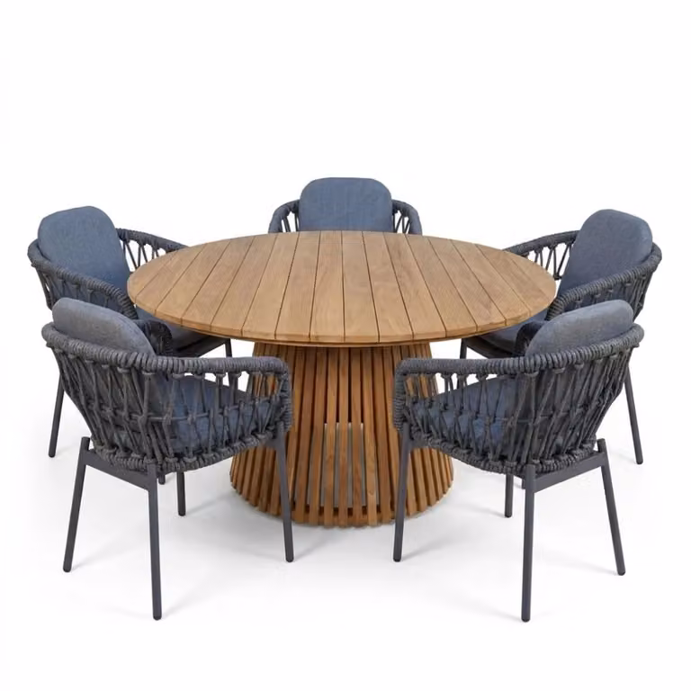 Palau/Femke antraciet dining tuinset voor 5 personen van teakhout en touw met een ronde tafel van Ø140cm