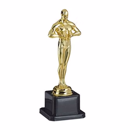 Relaxdays Hollywood trofee bokaal met krans en vierkante voet, goud en zwart, Hoogte: 18 cm