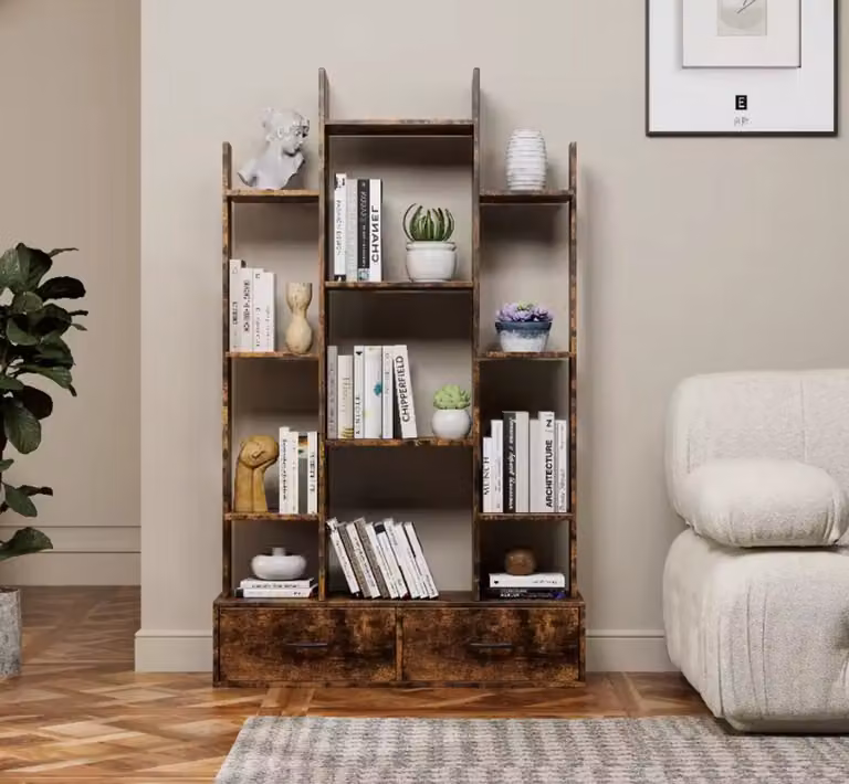 Industriële Boekenkast met 2 Laden - Houtlook Vakkenkast - Bruin - B: 86 cm, D: 25 cm, H: 140.5 cm