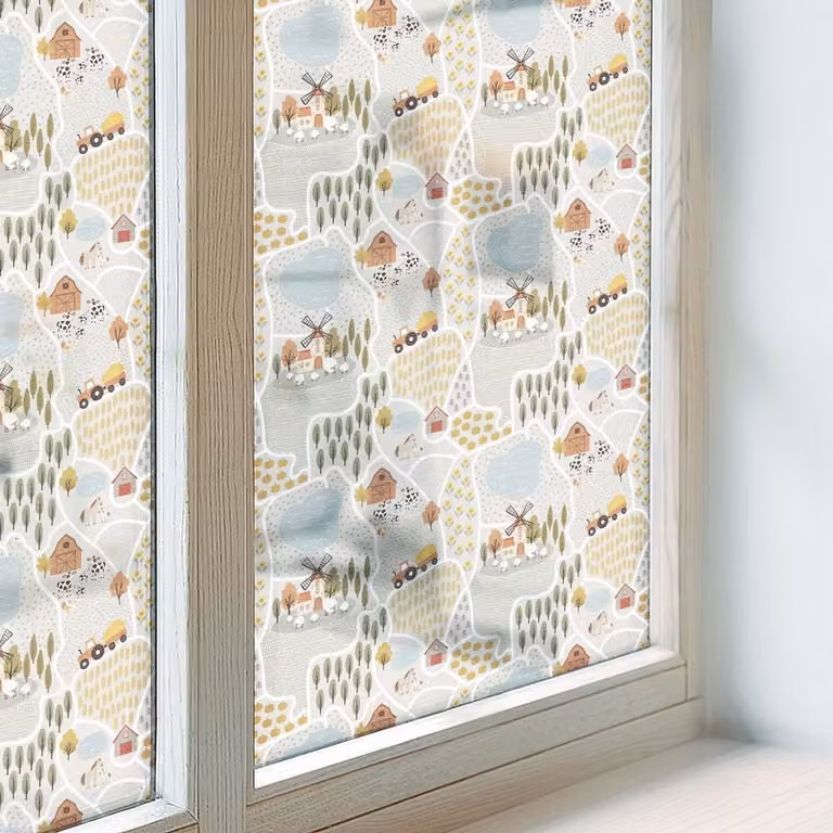 Coloray Privacy Folie Raam - Een idyllisch dorp - Beige - 100 x 146 cm - Zelfklevende zonwerende raamfolie met glas-in-lood effect