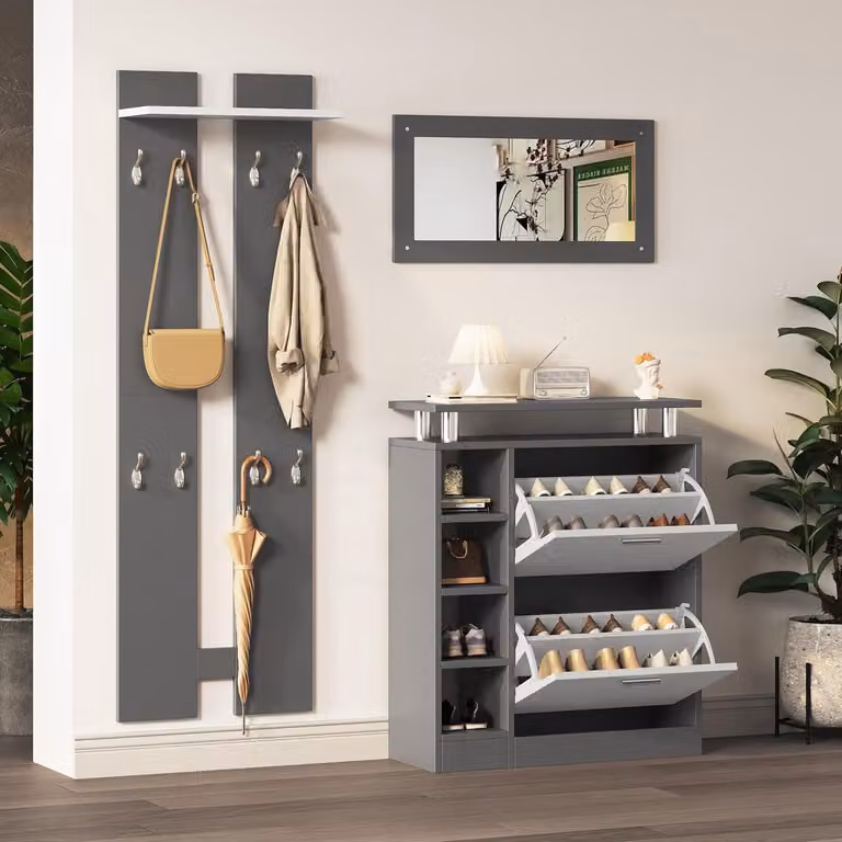 Halmeubel Set Kastenwand met Spiegel - Antracietgrijs - B: 80 cm, D: 25 cm, H: 96.5 cm