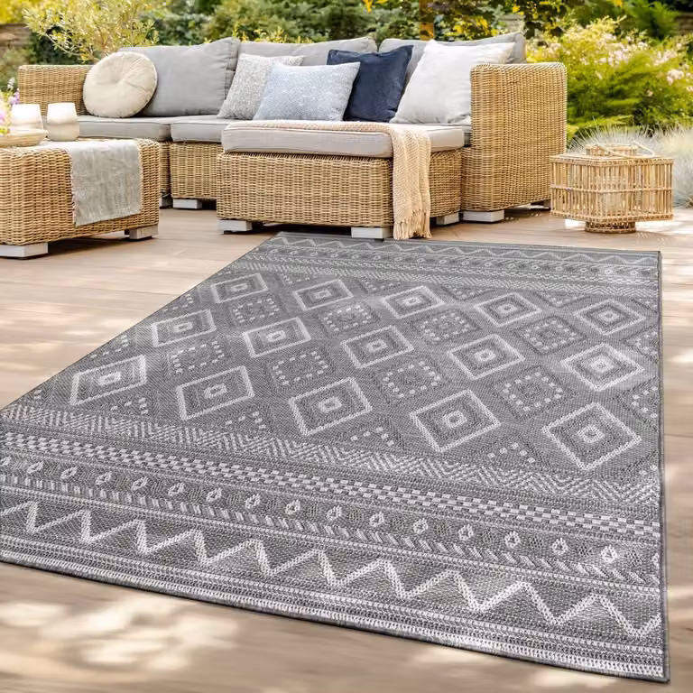 Grijs rond binnen- en buitentapijt met geometrisch design, 150 x 150 cm