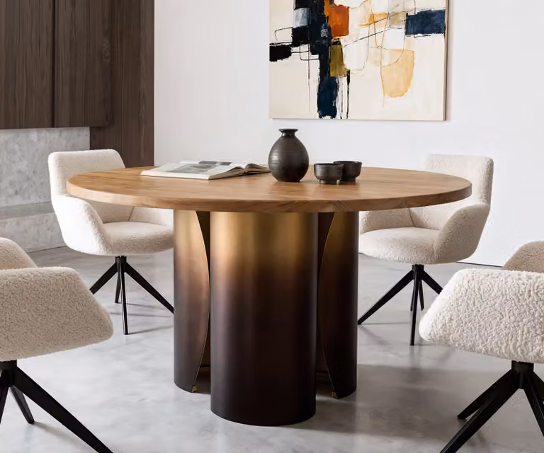 DELIFE Eettafel Adenza rond, Acacia hout en metaal, Goud/Zwart/Bruin, B/D: 140 x 140 cm, H: 77 cm