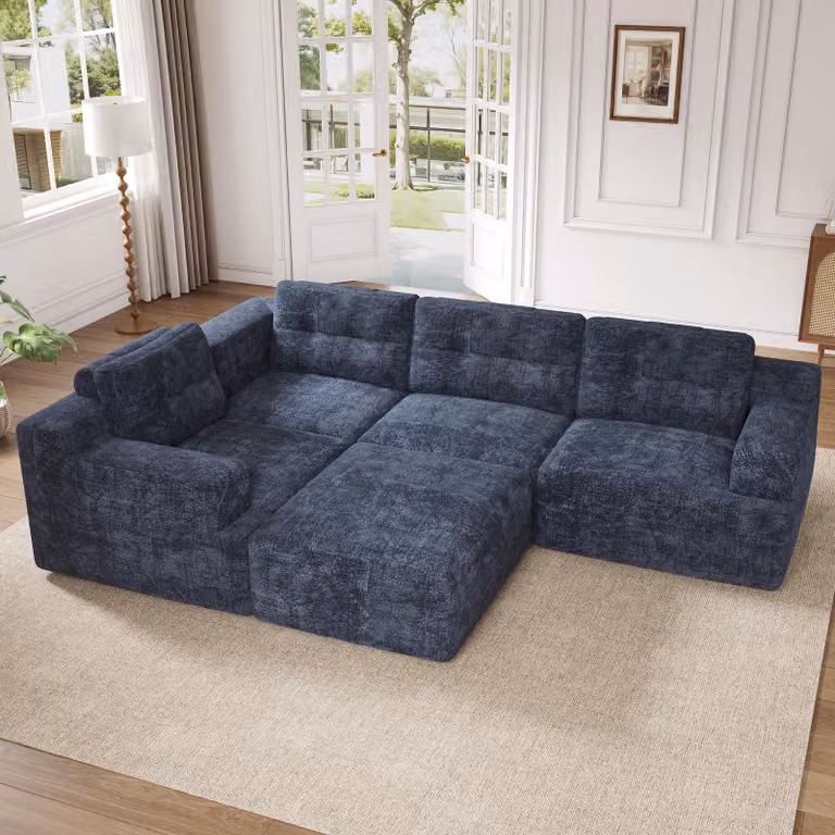 STILVORA Modulaire bank in blauwe chenille, flexibele U-vorm of L-vorm combinatiebank met verstelbare hoofdsteun en relaxfunctie