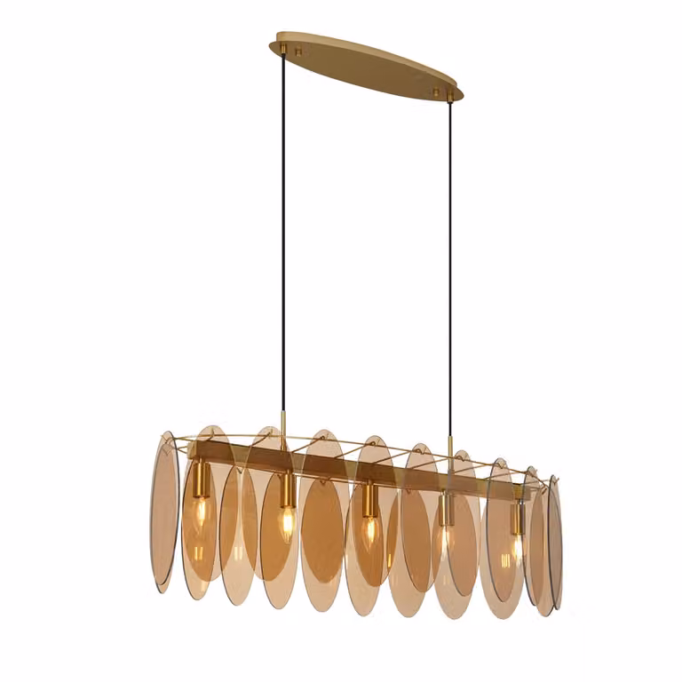 Qazqa Art Deco hanglamp goud met amber glas ovaal 5-lichts