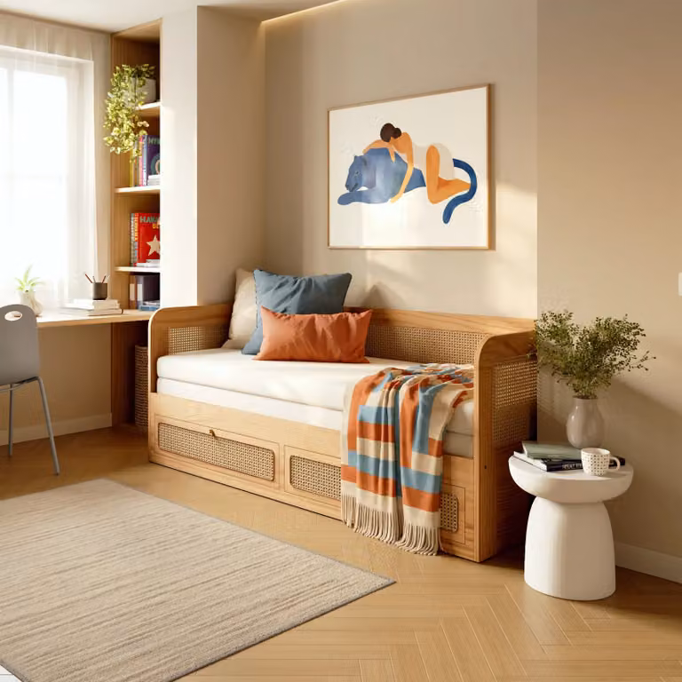 Hypnia Uitschuifbed Maya met lades, beige, Scandinavisch design met vurenhout en rotan