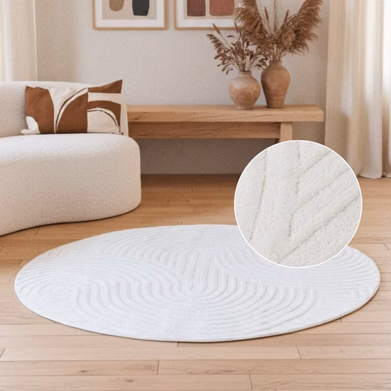 TAPISO Hygge Rond Vloerkleed Crème-Wit - Modern Laagpolig Tapijt met 3D Geometrisch Motief - Diameter: 160 cm