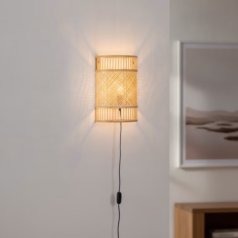 Lyora Bamboe Wandlamp Beige/Bruin met Kabel B: 29 cm, H: 40 cm, D: 14 cm