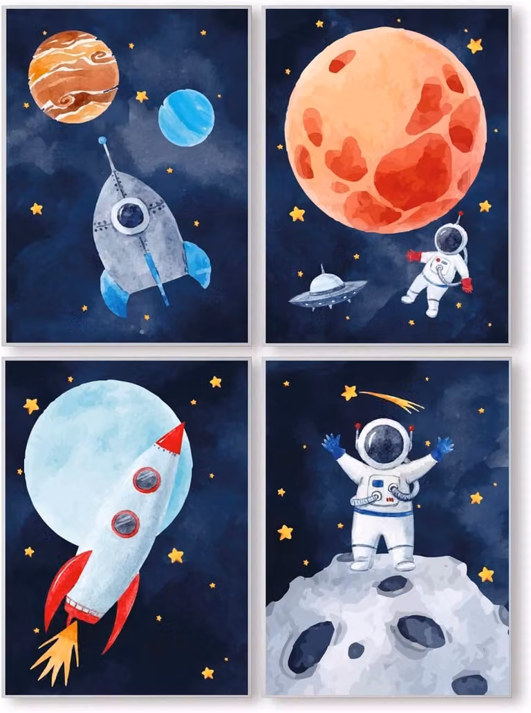 Pandawal Wanddecoratie Set van 4 voor Kinderkamers met Astronauten, Planeten en Raketten, DIN A4 Formaat