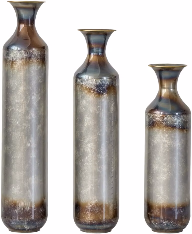 MUVANO Set van 3 Vintage Metalen Vazen - Handgemaakte Decoratieve Vloervazen - Robuust en Handgebrand
