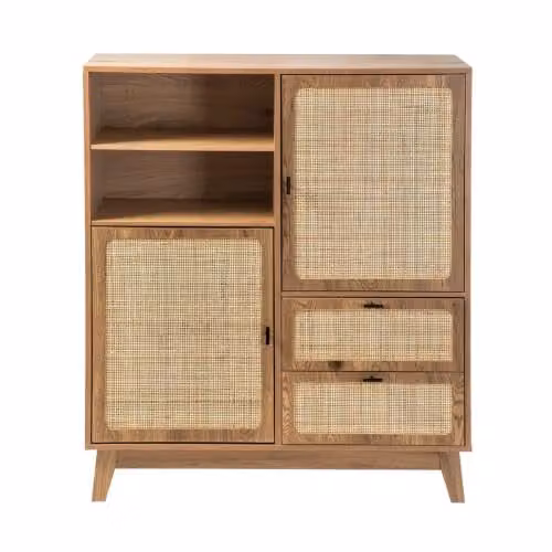 Calicosy Alia Hoge kast met 2 deuren en 3 lades met rieten fronten, Boho stijl, Hoogte: 120 cm