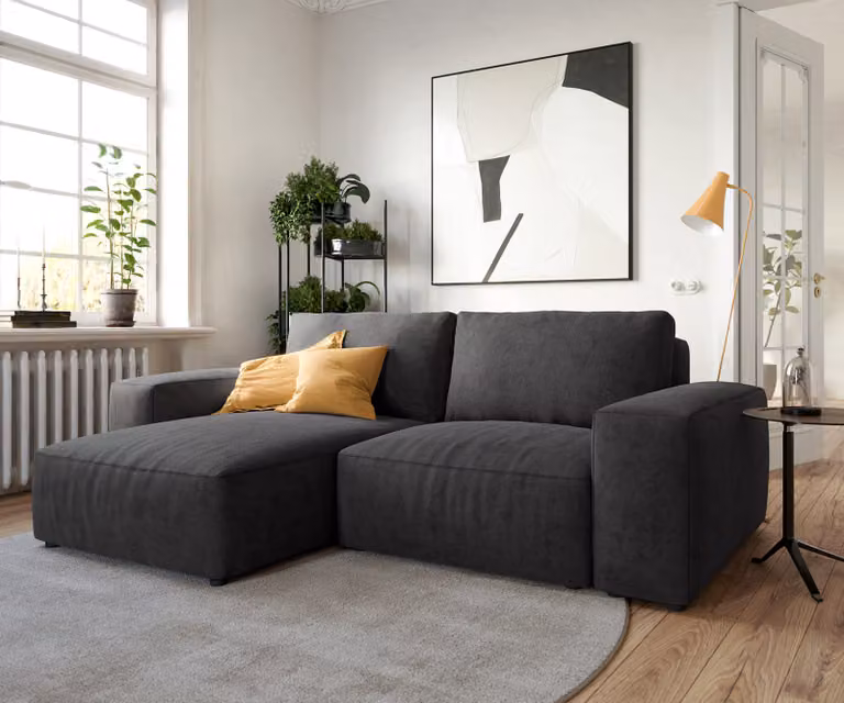 DELIFE Hoeksofa Lanzo zwart microvezel met variabele recamière B: 233 cm, D: 155 cm, H: 70 cm