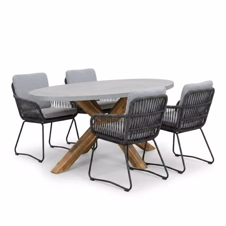 Livorno/Harper Stone Grey eettafelset voor 4 personen van polystone en touw, 200 cm