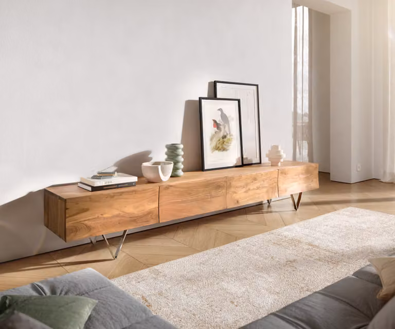 DELIFE Tv-meubel Wyatt van acacia hout in beige en bruin, Breedte: 220 cm, Diepte: 40 cm, Hoogte: 45 cm
