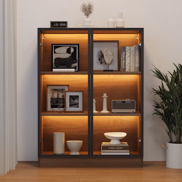 Multifunctionele glazen vitrine met LED-verlichting en 3 planken in naturel houtlook, B: 80 cm, D: 32 cm, H: 106 cm
