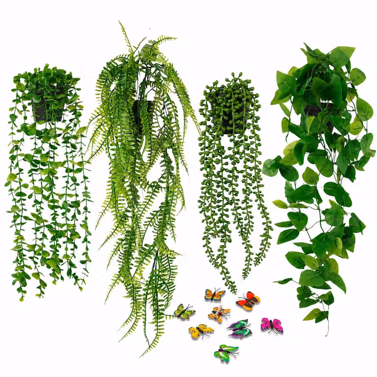 Rojellaa Set van 4 Kunstmatige Hangplanten met Pot – Realistische Nepplanten voor Binnen & Buiten – Eucalyptus, Pothos, Bostonvaren & Kralenplant – Onderhoudsvrije Groene Decoratie