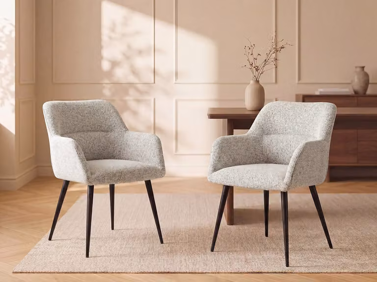 Set van 6 HEKA eetkamerstoelen met armleuningen in beige tweedstof en zwart metaal