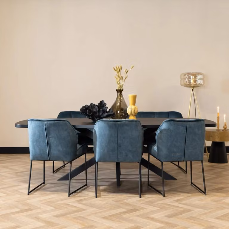 Bronx71 Velvet eetkamerstoel Janna blauw met metalen onderstel