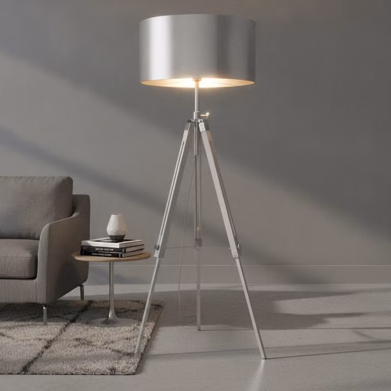Artdelight Jewel Tripod vloerlamp wit en grijs met stoffen cilinderkap, Hoogte: 150 cm