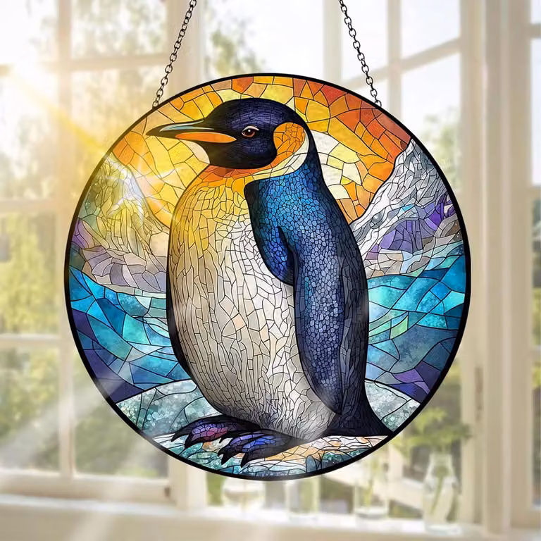 SnelShoppen Pinguïn Glas-in-lood Raamdecoratie - Handgemaakte Kleurrijke Decoratie voor Binnen en Buiten - 20 x 20 cm