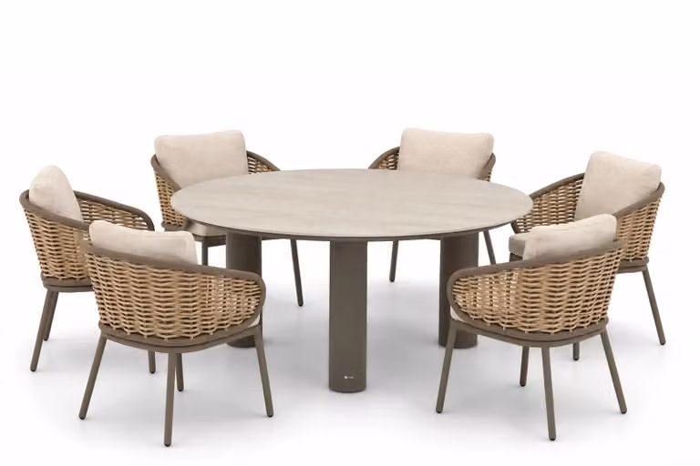 Apple Bee Pine Key/Trino 7-delige tuinset met ronde tafel van 158 cm in bruin en beige