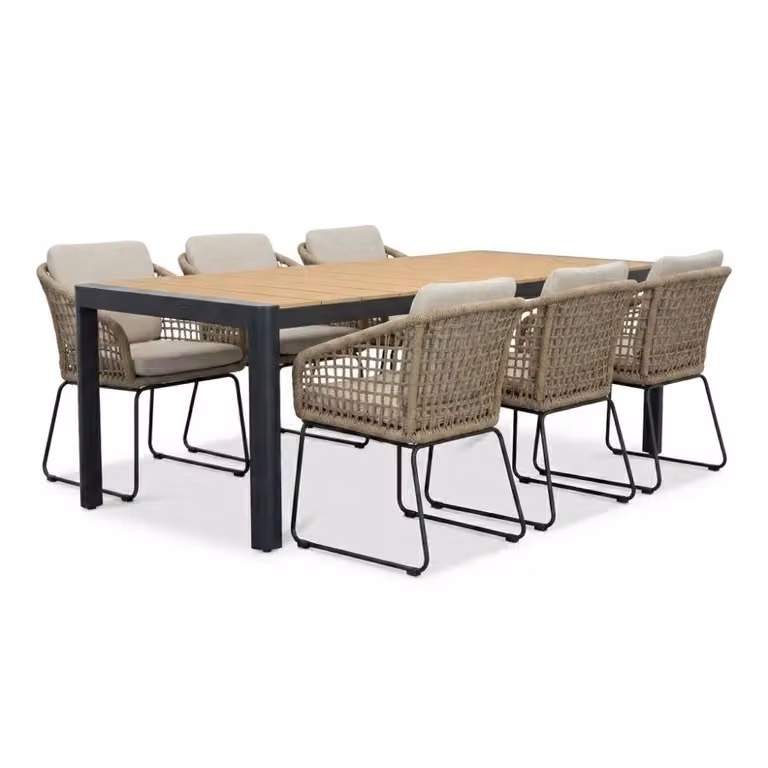 LUX outdoor living Liverpool/Tulum Sahara Dust eettafelset voor 6 personen met polywood en touw