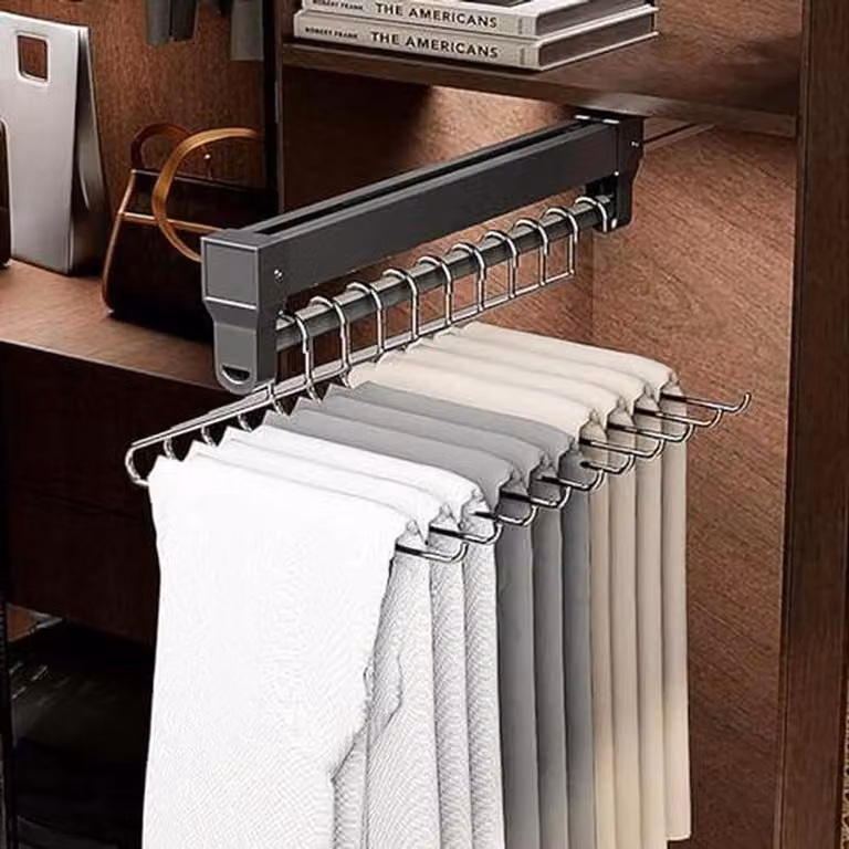 Uittrekbare broekhanger met stille schuifrails voor in de garderobe, Grijs, 35 cm