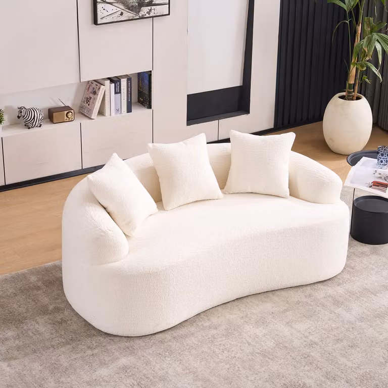Compacte Tweezitter Zithoek met Drie Zijdenkussens in Chenille Stof - White - Breedte: 153 cm