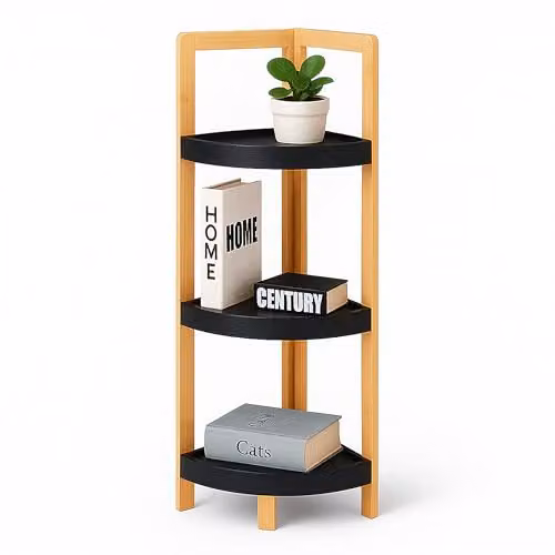 Relaxdays Bamboe Hoekrek met 3 Planken, Vrijstaand, Bruin-Zwart, H 77 x B 23 x D 23 cm