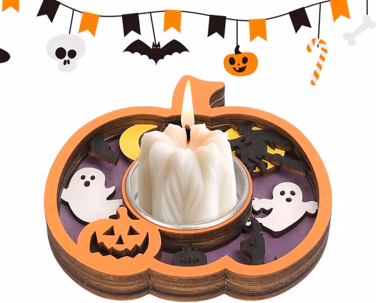 Houten Halloween Kaarsenhouder Spookdecoratie met Fijne Uitsnijdingen, Hoogte: 12 cm, Houtkleur