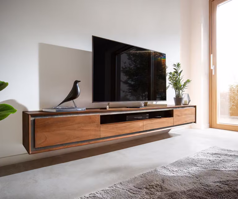 DELIFE Stonegrace Tv-meubel Acacia Bruin - Breedte: 240 cm, Diepte: 35 cm, Hoogte: 68 cm - Zwevend ontwerp met 2 deuren, 2 laden en 1 legplank