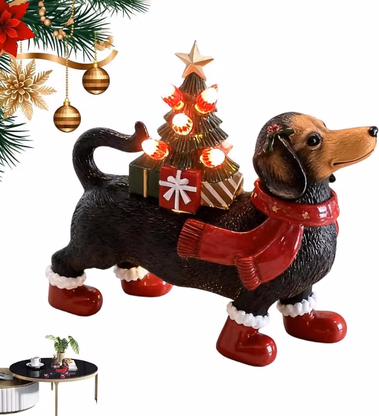 Teckel Beeldje Bruin - Honden Sculptuur met Zacht Licht - Decoratie voor op Tafel - B/D/H: 24 x 23 x 11 cm