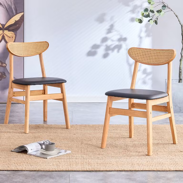 MODENUIT Eetkamerstoel met Rattan Rugleuning en Rubberhout - Houtkleur - B/D/H: 78,7 x 43,9 x 40,6 cm