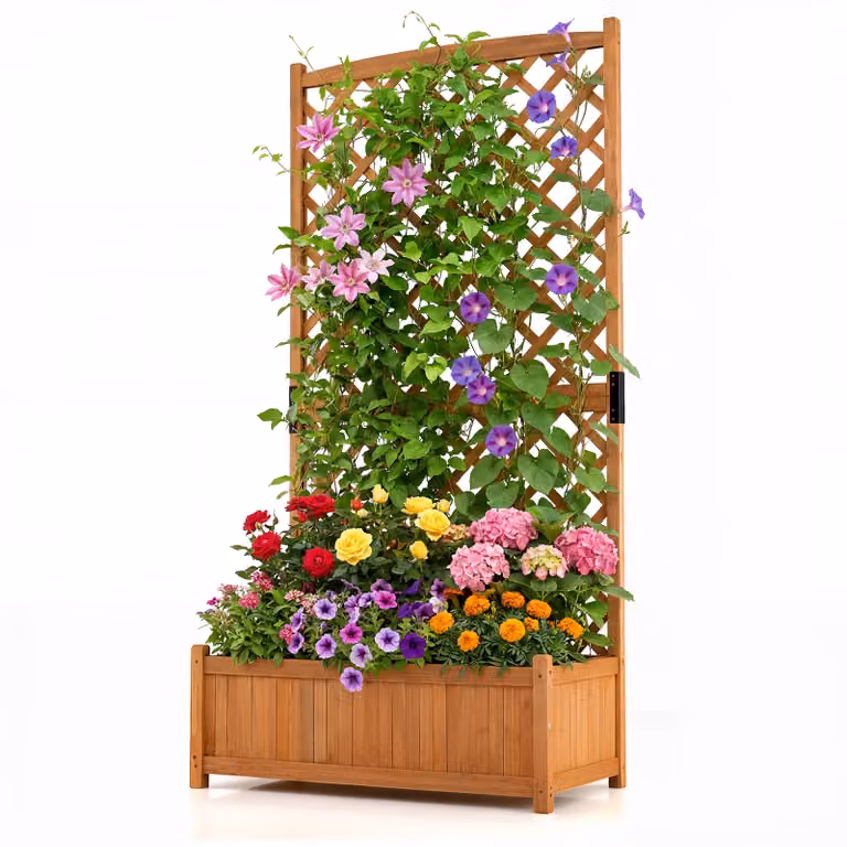 Costway Verhoogd Tuinbed met Plantenbak en Trellis, Hoge Staande Houten Verticale Plantenbak voor Binnen en Buiten, Hoogte: 180 cm