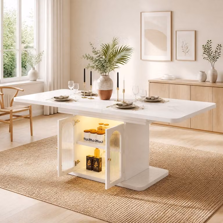 MODENUIT Eettafel Scandinavisch - Uitschuifbaar met Opbergruimte en LED-verlichting - Wit - B: 200 cm, D: 80 cm