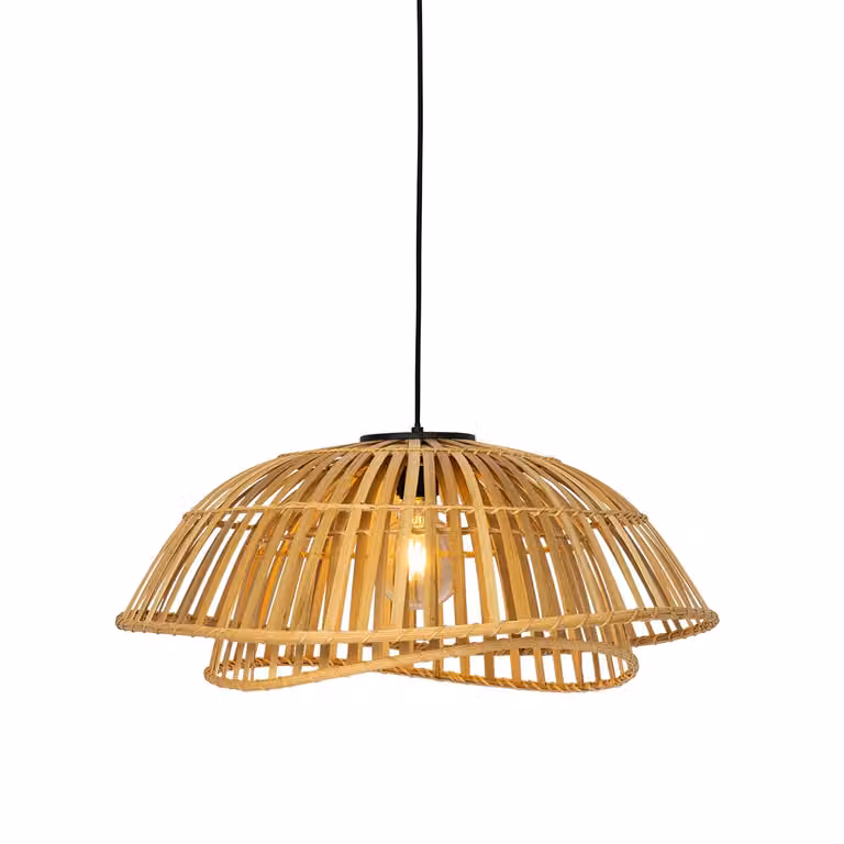 Qazqa Oosterse hanglamp zwart en bruin met bamboe en metaal, dimbaar en hoogte verstelbaar, Hoogte: 62 cm
