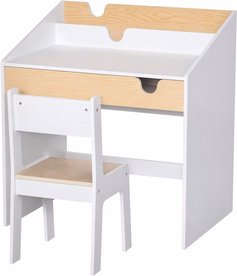 Kinderbureau met stoel voor kinderen van 3-6 jaar met lade en boekenplank, Wit en naturel, B: 70 cm, D: 50 cm, H: 75 cm