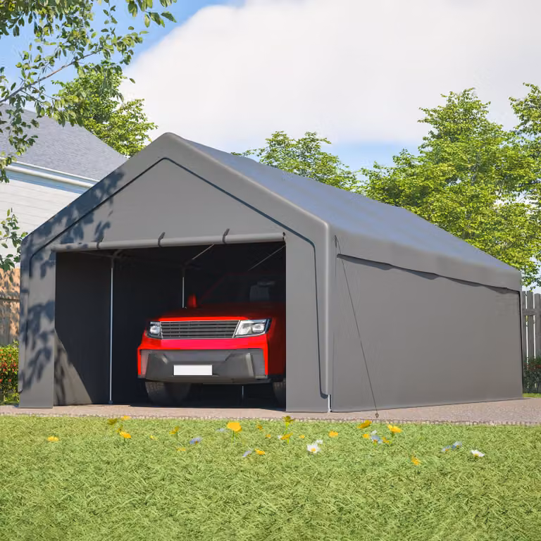 ALFORIGO Carport met verzinkt stalen frame, waterdicht en UV-bestendig zeildoek, afneembare zijwanden en rolluikramen, grijs, 13 x 25 voet