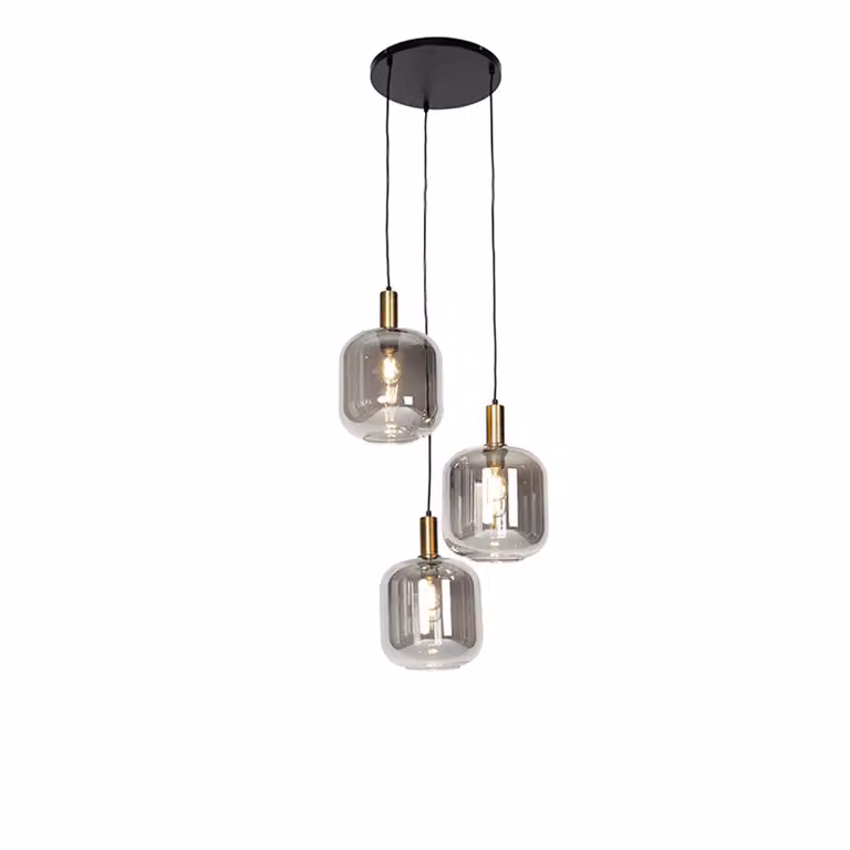 Qazqa Design hanglamp zwart en goud met grijs glas, 3-lichts, dimbaar en hoogte verstelbaar