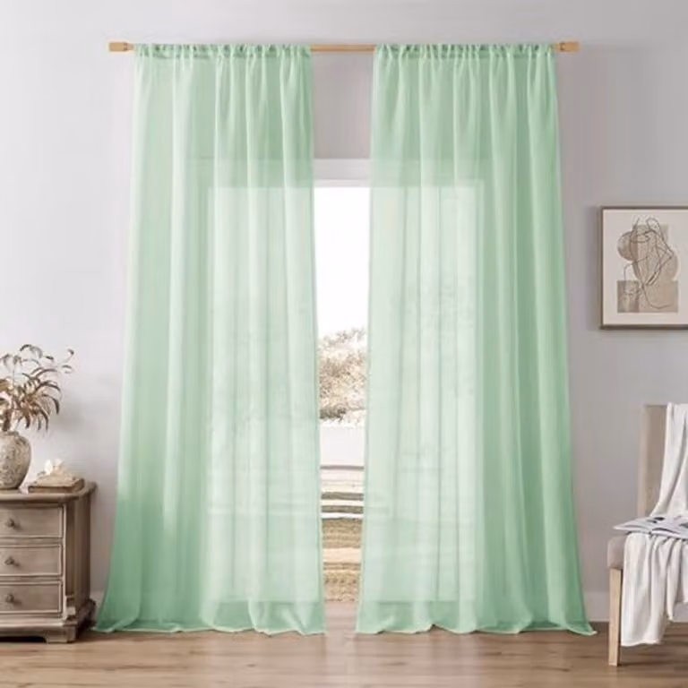 Set van 2 transparante groene voile gordijnen met stangdoorgang - Breedte: 140 cm, Hoogte: 240 cm