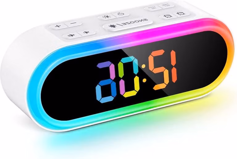 Dimbare Regenboog LED Nachtlamp met Dubbele Wekker voor Kinderen, Digitale Klok met 7 Weksignalen en Sluimerfunctie