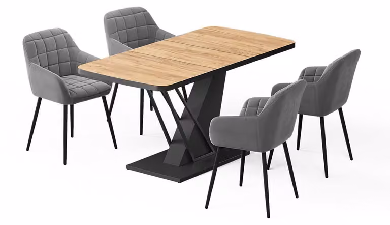 Vicco Fenaro Eettafelset met 4 eetkamerstoelen, Goudkleurig Eiken/Zwart, B/D/H: 120 x 80 x 76 cm