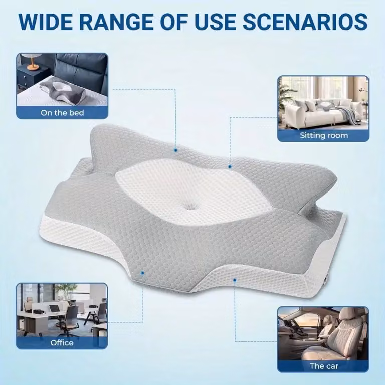 Luxe Ergonomisch Orthopedisch Kussen van Traagschuim voor Zij-, Rug- en Buikslapers – Wit/Grijs – B/D/H: 64 x 38 x 12 cm