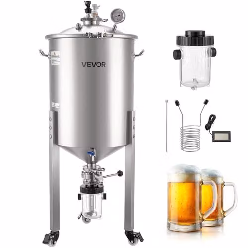 VEVOR Conische fermentatiecontainer van roestvrij staal, 60 liter, zilver, gistingsvat voor wijn en bier met thermometer en zwenkwielen