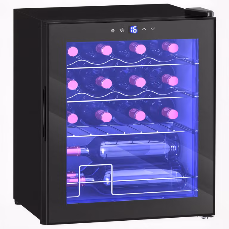 HOMCOM Wijnkoelkast voor 16 flessen met glazen deur, touchscreen en LED-verlichting, 5-18°C