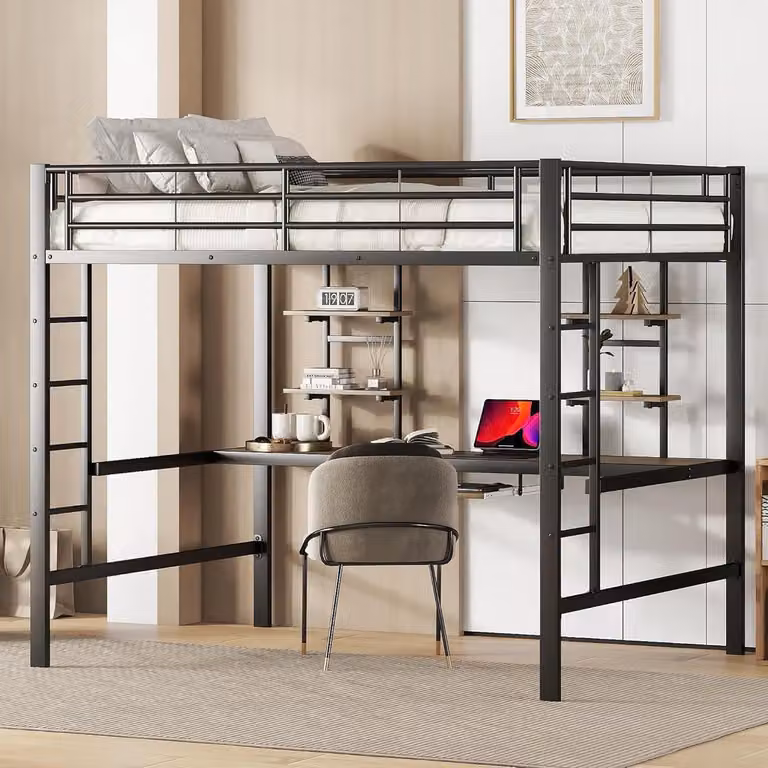 Hoogslaper met bureau en boekenplanken voor kinderen en studenten, zwart metaal, 140 x 200 cm