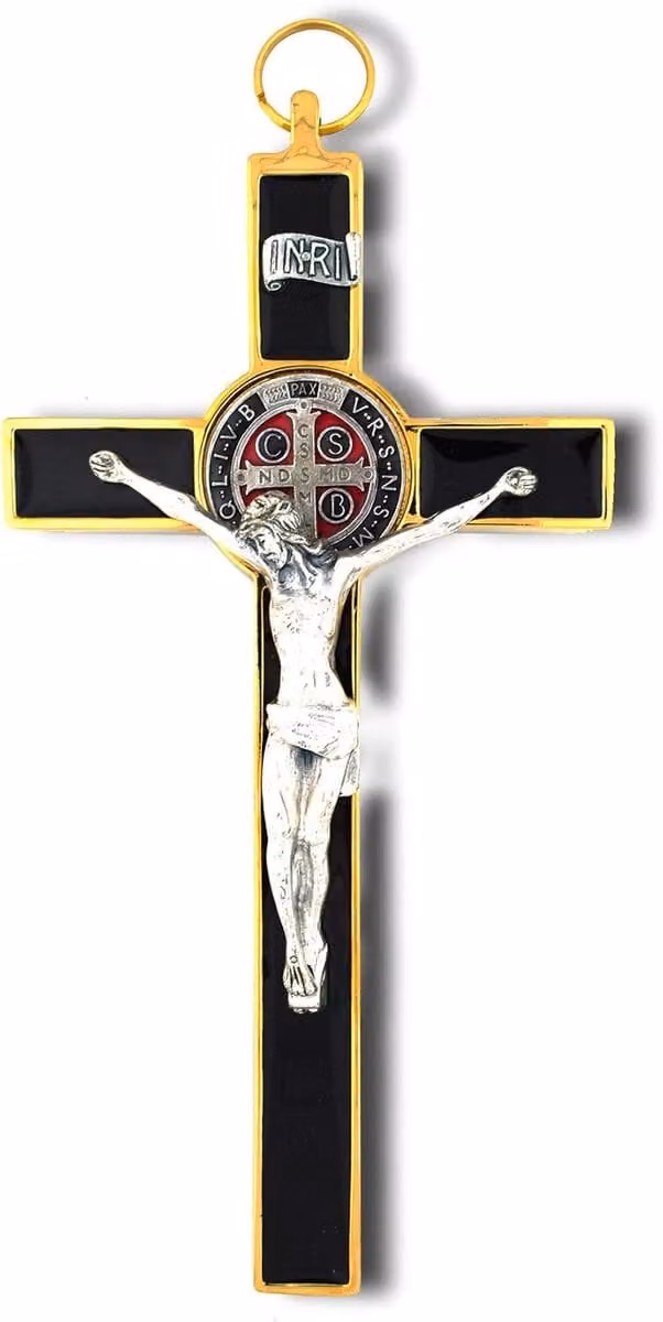 Muurkruisbeeld met Sint Benedictus - Religieus Decor - Goud Zwart - Hoogte: 20 cm
